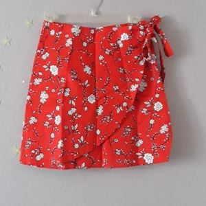 Red wrap floral print mini skirt
